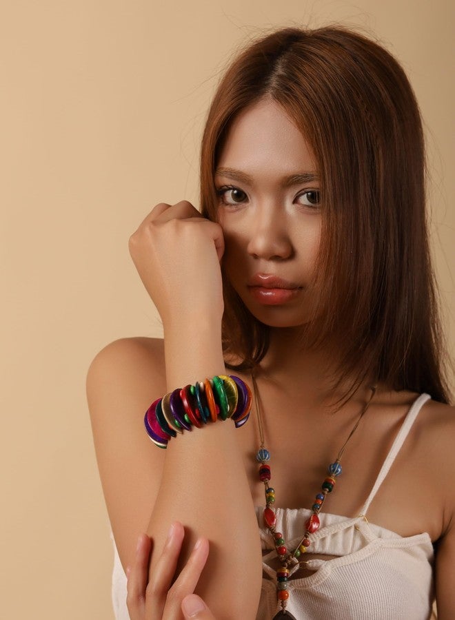 MINACHI Boho Chunky Colorful Wooden Bead Stretch Bracelet, Handmade Bohemian Statement Jewelry For Women - Image 3