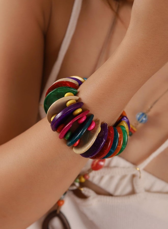 MINACHI Boho Chunky Colorful Wooden Bead Stretch Bracelet, Handmade Bohemian Statement Jewelry For Women - Image 4