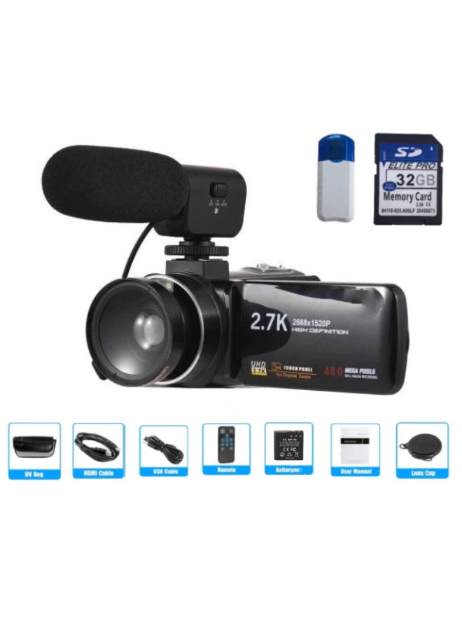 Generic English Version Product 2.7K HD 48 Million Pixel Digital Video Camera Home Travel Camera DV06S-Body Color:Standard Black English Version + Microphone + 32gb Card + Card Reader + Wide-angle Mirror  - Image 1