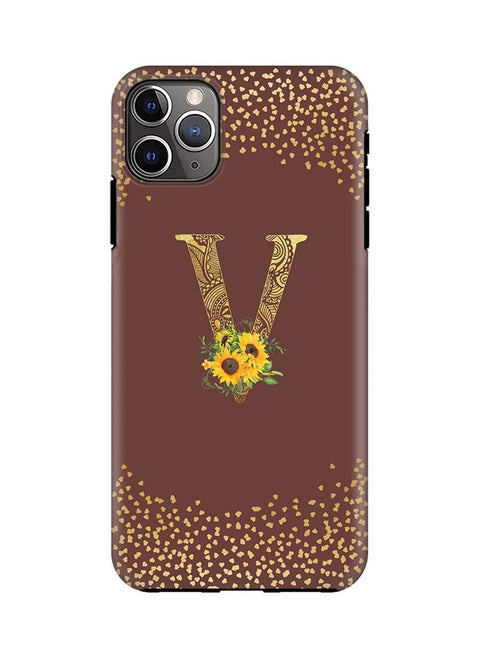 Monogram Tough Series for Apple iPhone 11 Pro Max Custom Initials Floral Mandala Pattern Tough Pro Dual Layer hybrid PC inner TPU protection Alphabet- V (Brown)