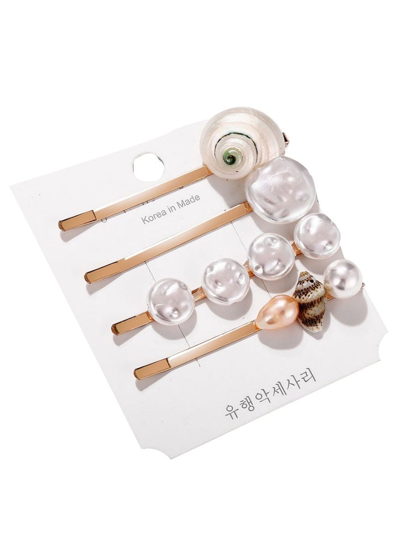 NIBEMINENT 4-Piece Seashell And Pearl Decor Hair Clip Set Gold/White One Size