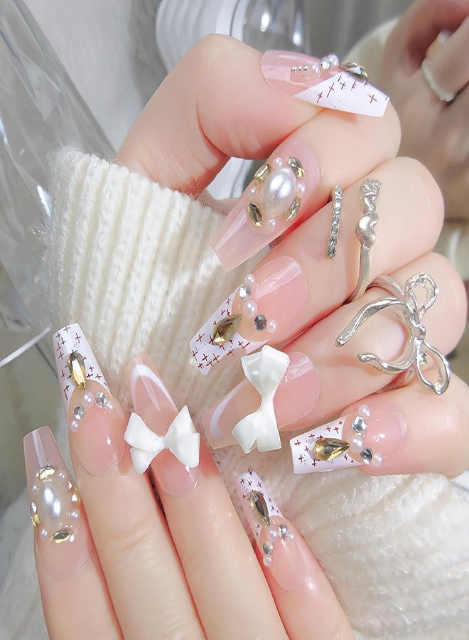 KKUUOO 24Pcs Press on Nails - Long Square Acrylic Fake Nails with White 3D bow, False Nails, Reusable Glossy Full Cover Stick on Nail for Women Girls - Image 3