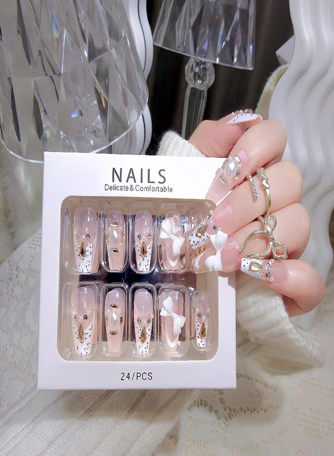 KKUUOO 24Pcs Press on Nails - Long Square Acrylic Fake Nails with White 3D bow, False Nails, Reusable Glossy Full Cover Stick on Nail for Women Girls - Image 4
