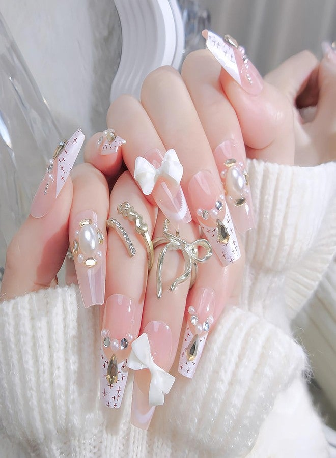 KKUUOO 24Pcs Press on Nails - Long Square Acrylic Fake Nails with White 3D bow, False Nails, Reusable Glossy Full Cover Stick on Nail for Women Girls - Image 1