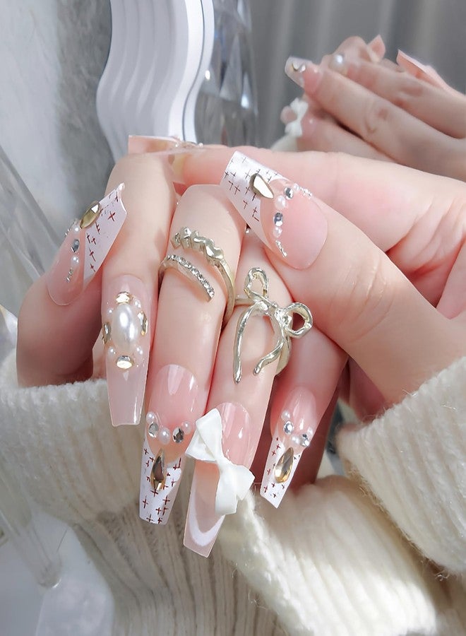 KKUUOO 24Pcs Press on Nails - Long Square Acrylic Fake Nails with White 3D bow, False Nails, Reusable Glossy Full Cover Stick on Nail for Women Girls - Image 2