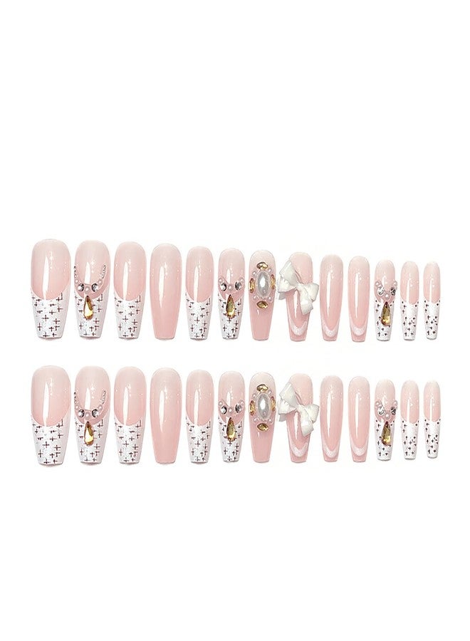 KKUUOO 24Pcs Press on Nails - Long Square Acrylic Fake Nails with White 3D bow, False Nails, Reusable Glossy Full Cover Stick on Nail for Women Girls - Image 5