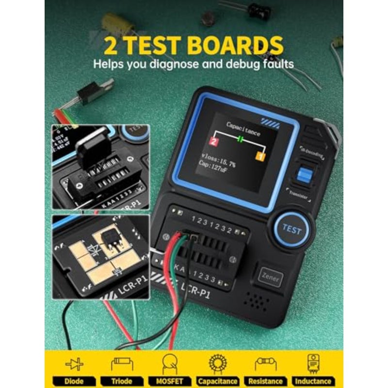 SMD electronic component tester for transistor, MOSFET, diode, Zener, triode, capacitor, resistor, inductor, battery, and ESR measurement in compact black plastic housing - Image 2
