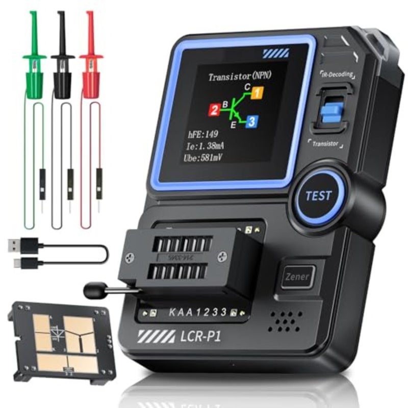 SMD electronic component tester for transistor, MOSFET, diode, Zener, triode, capacitor, resistor, inductor, battery, and ESR measurement in compact black plastic housing - Image 1