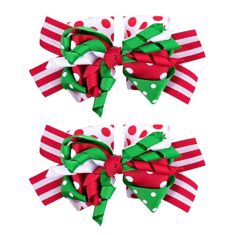 Christmas Curly Bow Hair Clips 5 Red White Green Ribbon Striped Cheer Bow Barrette Holiday Polka Dot Alligator Pins Toddler Girls Kids Xmas Decor Accessory Gift