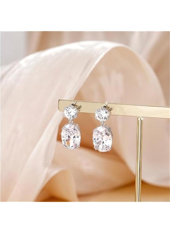 Wedding Earrings for Women Cubic Zirconia Dangle Bridal Earrings 925 Sterling Silver Post Oval Earring for Prom Bridesmaid - Image 2