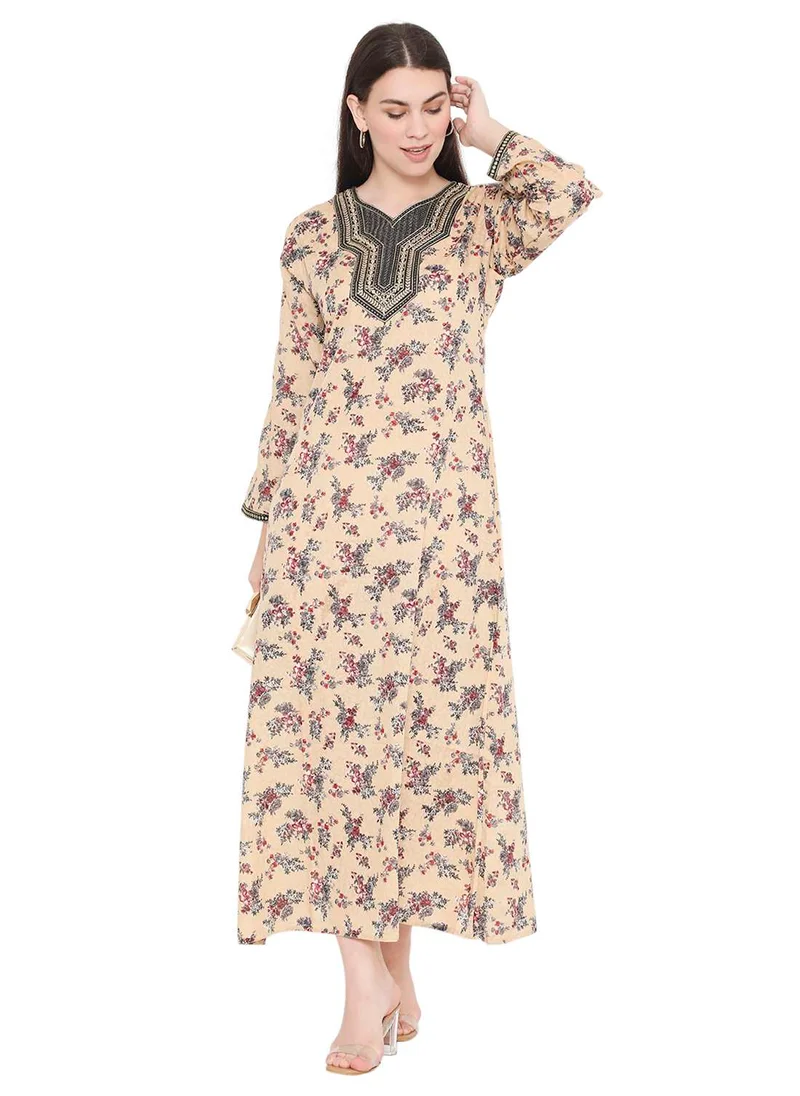HANA & SARA UNIQUE FLORAL PRINTED STYLISH NECK EMBROIDERY ARABIC KAFTAN JALABIYA DRESS