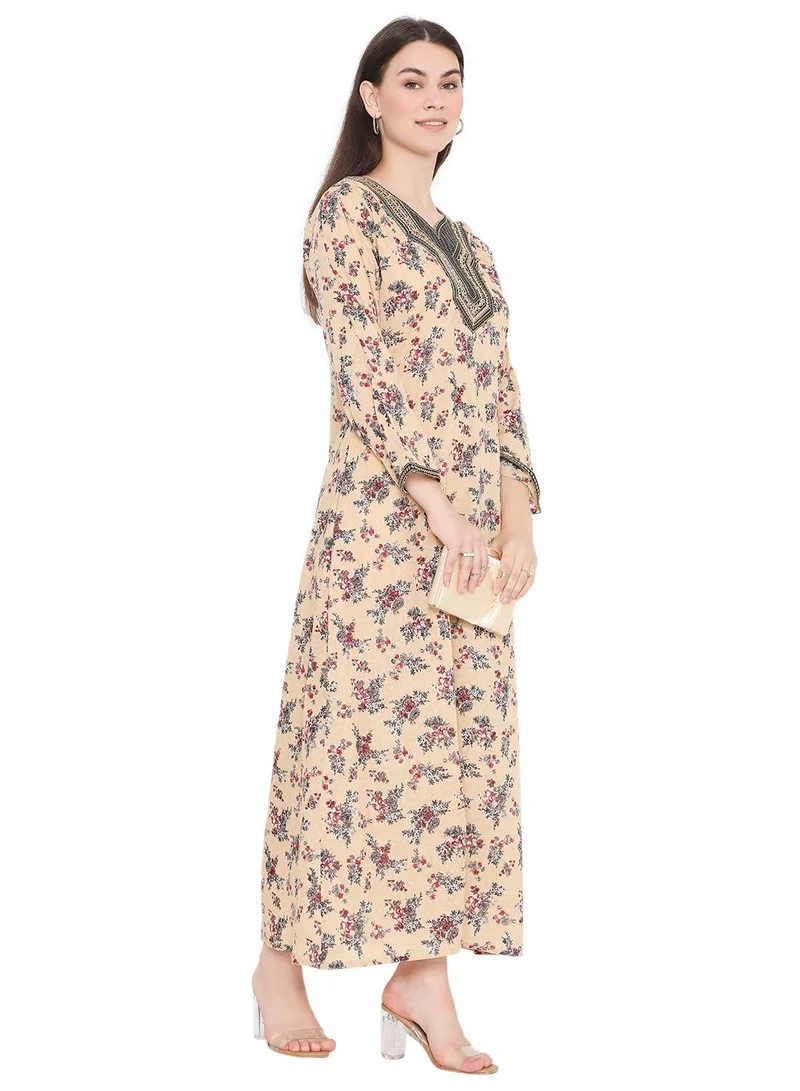 HANA & SARA UNIQUE FLORAL PRINTED STYLISH NECK EMBROIDERY ARABIC KAFTAN JALABIYA DRESS
