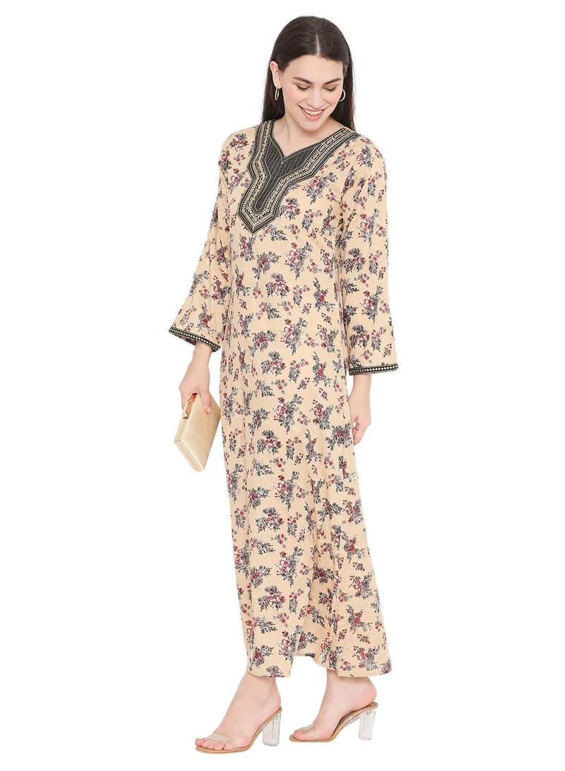 HANA & SARA UNIQUE FLORAL PRINTED STYLISH NECK EMBROIDERY ARABIC KAFTAN JALABIYA DRESS