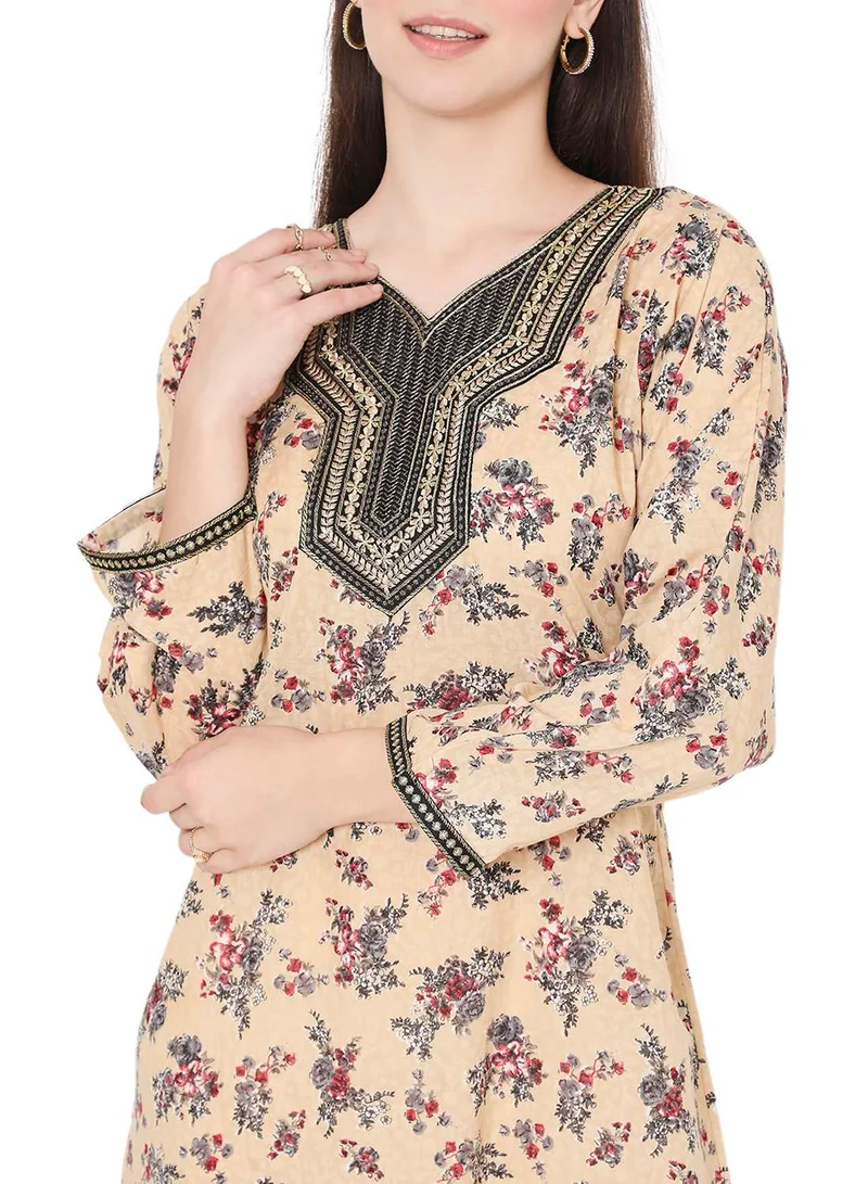 HANA & SARA UNIQUE FLORAL PRINTED STYLISH NECK EMBROIDERY ARABIC KAFTAN JALABIYA DRESS