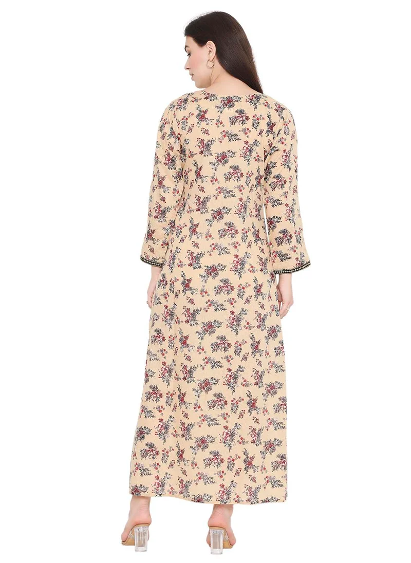 HANA & SARA UNIQUE FLORAL PRINTED STYLISH NECK EMBROIDERY ARABIC KAFTAN JALABIYA DRESS