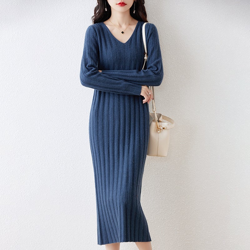 Autumn and Winter V-Neck 100 Pure Wool dress Womens Slim-fit Slimming Knee Sweater Long Skirt Matching Coat Knitted Base Skirt Cylan - Image 1