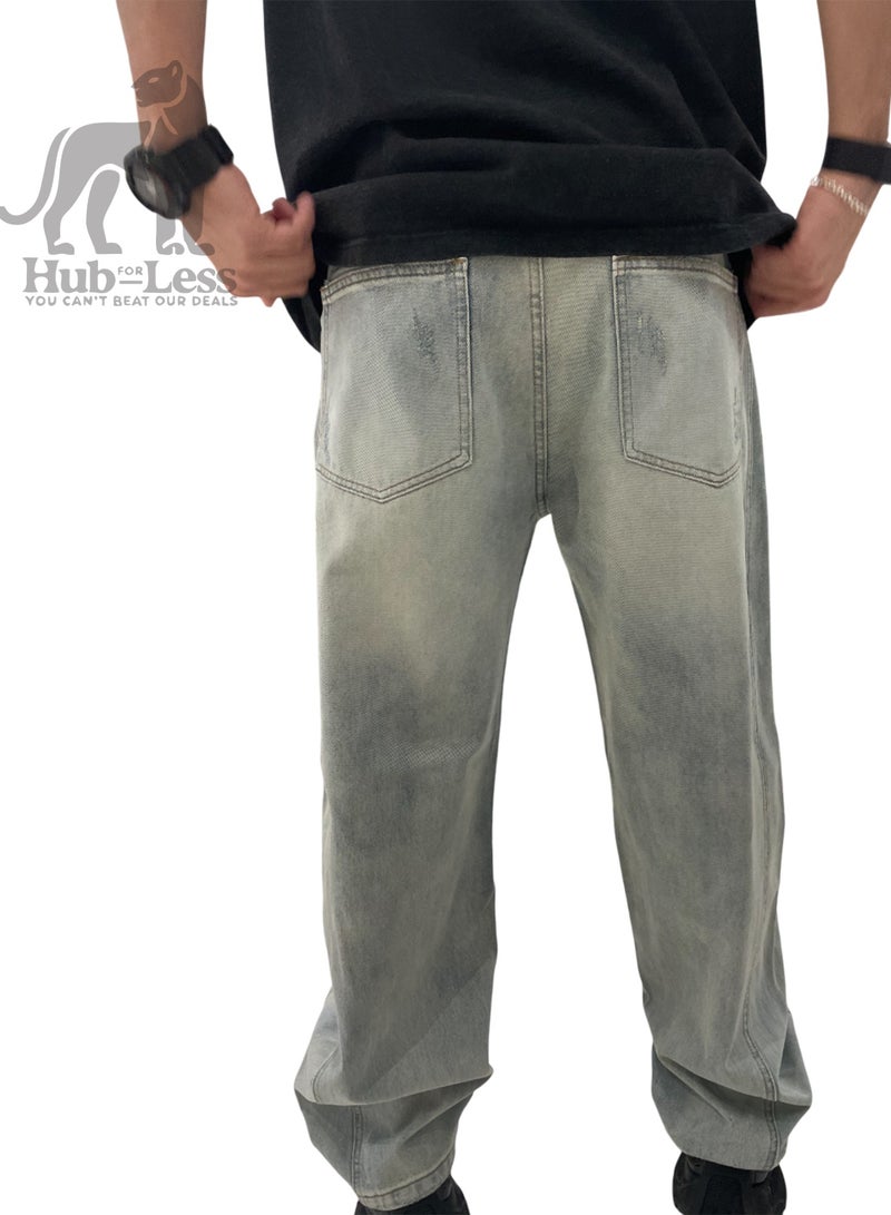 Hub For Less Men’s Straight-Leg Washed Jeans – Light Grey with Relaxed Fit - Image 1
