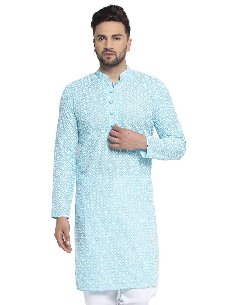 Jompers Men's Pure Cotton Embroidered Casual Kurta with Mandarin Neck - Image 1
