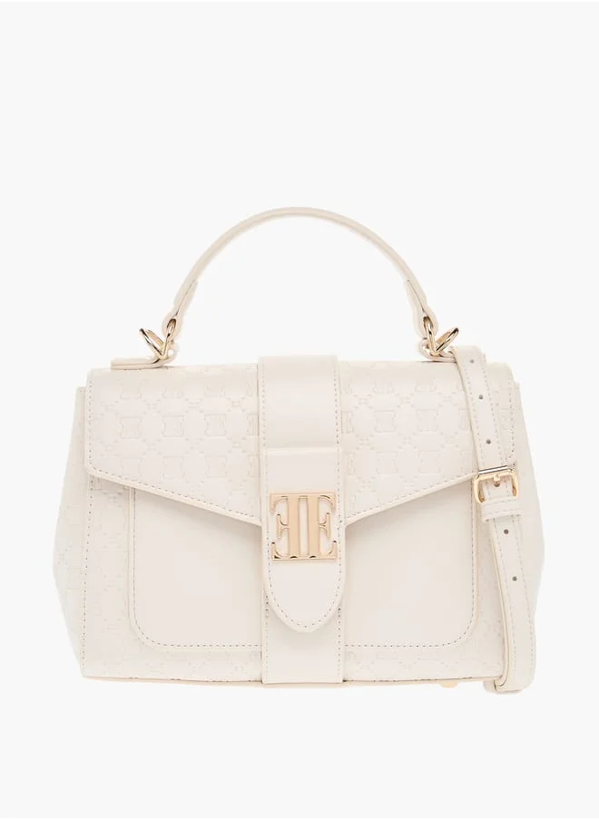 ELLE Monogram Embossed Satchel Bag with Flap Closure and Detachable Strap