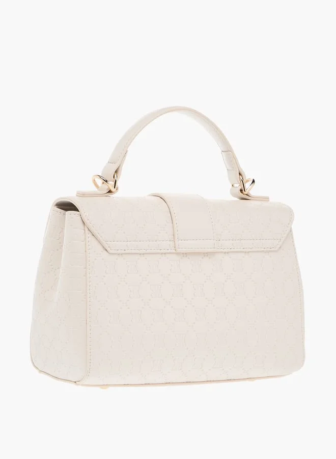 ELLE Monogram Embossed Satchel Bag with Flap Closure and Detachable Strap