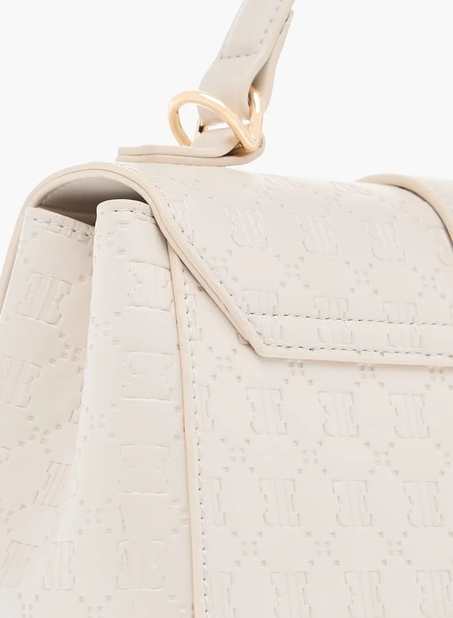 ELLE Monogram Embossed Satchel Bag with Flap Closure and Detachable Strap
