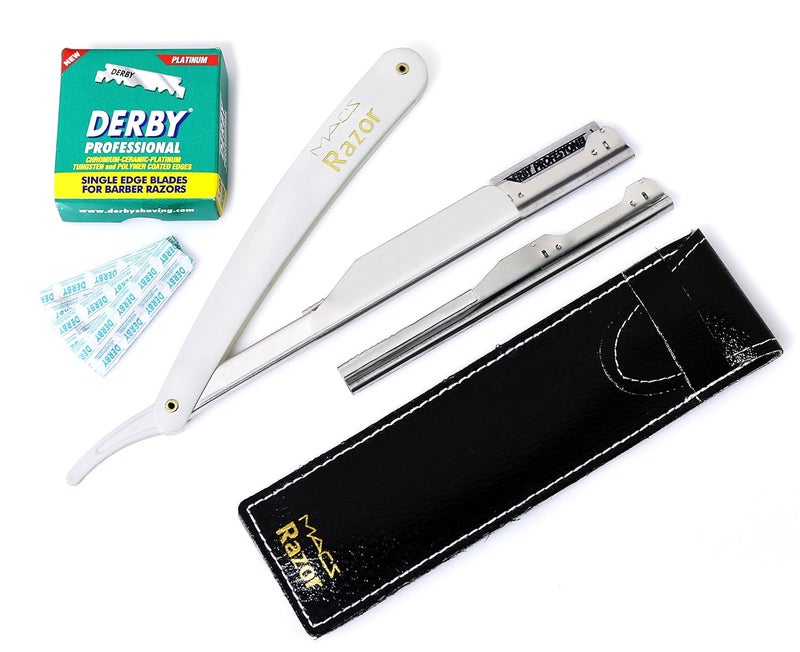 Macs Products MACS PROFESSIONAL Barber Straight Edge Razor with HiChromium Derby 100 Count Blades  Made of Platinum Stainless Steel With Easy Blades Replacement Mechanism Macs093B1 White Razor W100 B