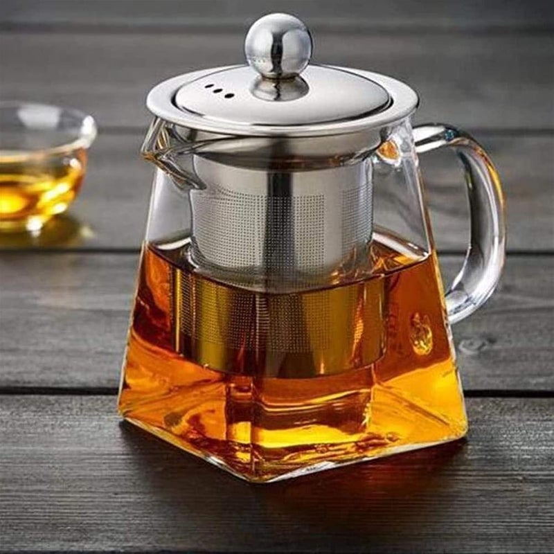 Kuruji Square Glass Teapot 550 ml Teapot for One with Heat Resistant Stainless Steel Infuser Perfect for Tea and Coffee 550ML Clear Leaf Teapot with Strainer Lid Gift for Your Family or Friends - Image 1