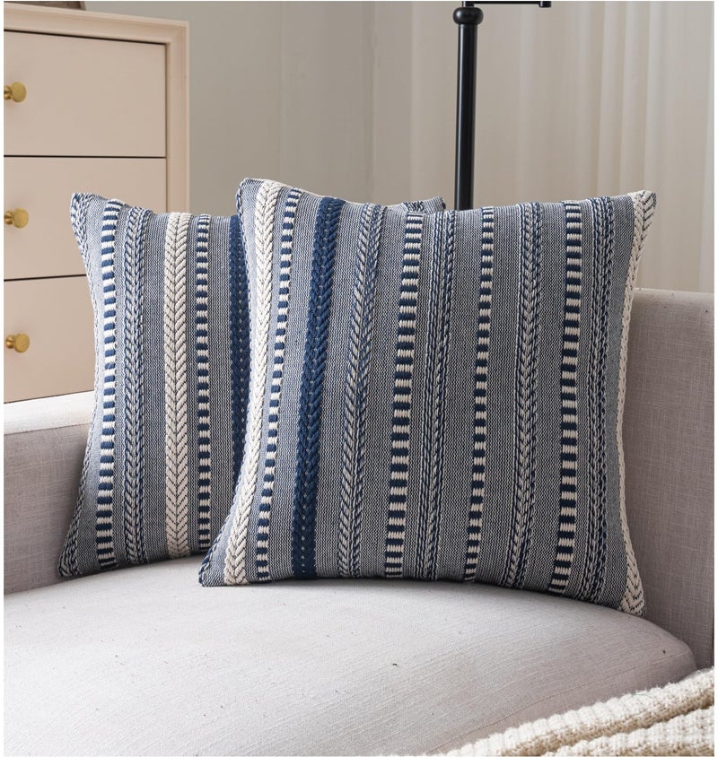 Cethom Boho Throw Pillow Covers 18x18 Inch Set of 2, Farmhouse Decorative Couch Pillow Cases, Navy Blue Accent Pillows of Bed, Sofa Bedroom Living Room Home Decor Cushion Cover - Image 1