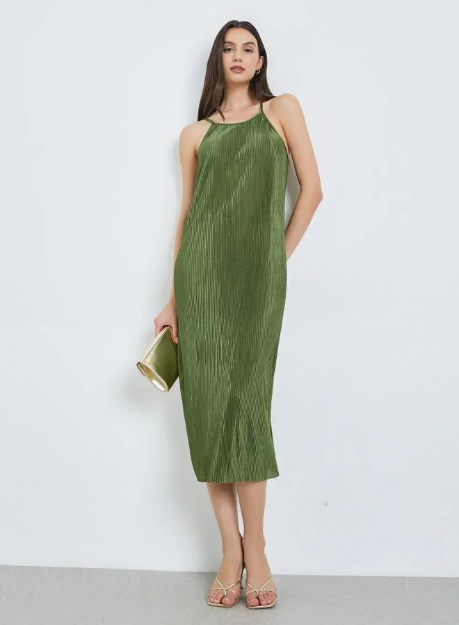 تايك تو Green Strappy Plisse Shift Midi Dress