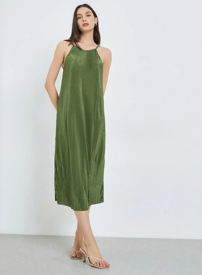 تايك تو Green Strappy Plisse Shift Midi Dress