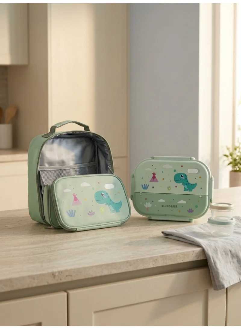 Mobcos Mint Green Kids Insulated Stainless Steel Bento Lunch Box with 4 Compartments, Leakproof Lid, Sauce Container & Spoon, Cute Dinosaur Design, Mint Green  | Best Price UAE