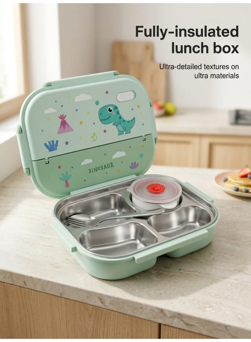 Mobcos Mint Green Kids Insulated Stainless Steel Bento Lunch Box with 4 Compartments, Leakproof Lid, Sauce Container & Spoon, Cute Dinosaur Design, Mint Green  | Best Price UAE