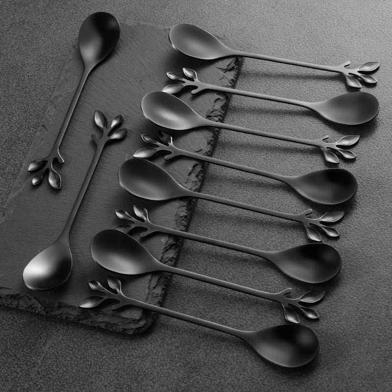 AnSaw Elegant Black Leaf Coffee Spoons - 10-Piece, 4.7" Mini Stainless Steel Espresso & Dessert Tea Spoons, Perfect for Demitasse & Small Servings - Image 4