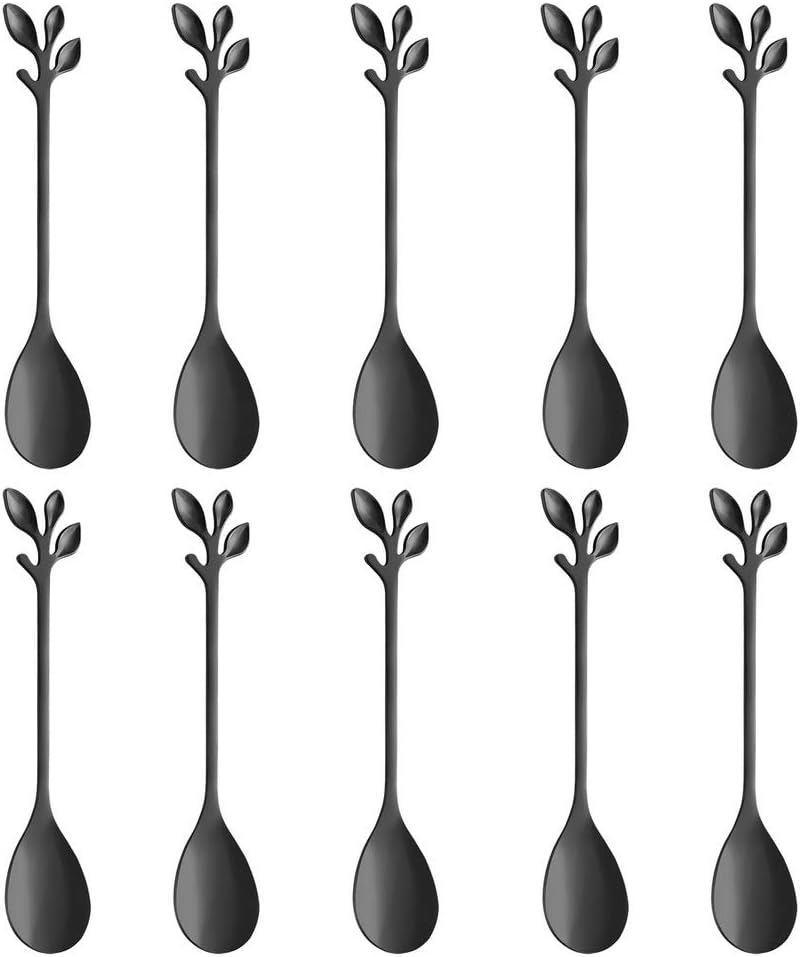 AnSaw Elegant Black Leaf Coffee Spoons - 10-Piece, 4.7" Mini Stainless Steel Espresso & Dessert Tea Spoons, Perfect for Demitasse & Small Servings - Image 1