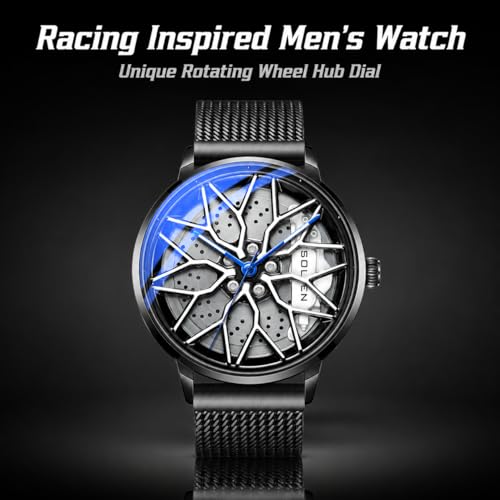 SOLLEN Mens Car Watches Racing Style Dial Wheel Rim Watch Casual Analog Rotating Dial Mens Wrist Watch with Japanese Quartz Luminous Function 30M3ATM Waterproof Luxury Gift for Adults Car Enthusiast 425mm - Image 3