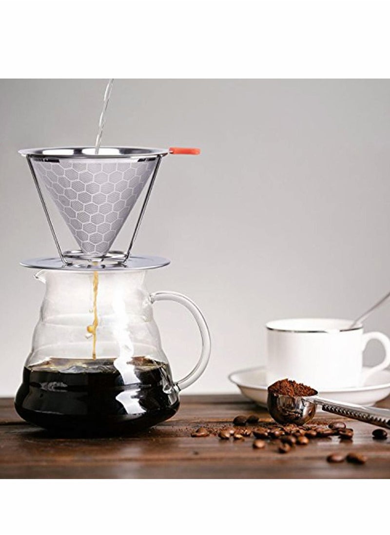 Cozy Pour Over Coffee Filter, Honeycomb Design Stainless Steel Cone Dripper, Paperless & Reusable, Permanent Maker with Separate Stand for 1-4 Cups