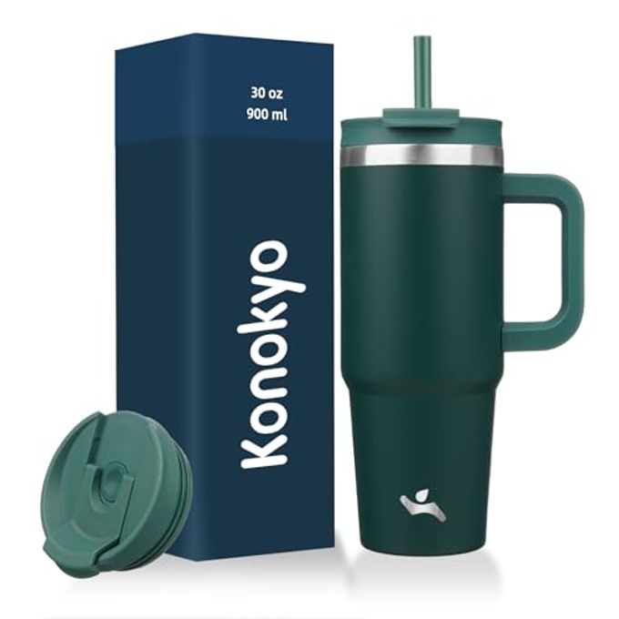 Konokyo 30 oz Tumbler with Handle and 2 Straws,2 in 1 Lid Insulated Water Bottle Stainless Steel Travel Coffee Mug,Dark Green