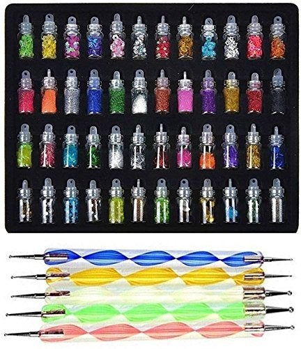 STORE 2508 Store2508 Exciting Nail Art Tools53 Pcs  48 Bottles 3D nail art Glitter Set and 5 Pcs Double Sided Nail Dotting Tool Pen Great gift for Girl Women Females - Image 1