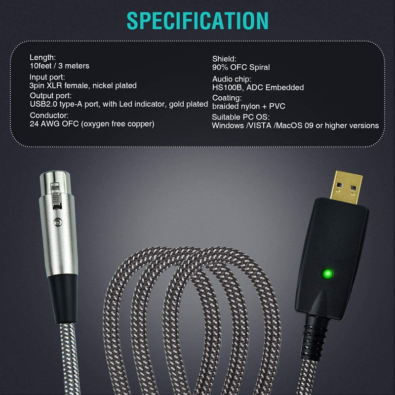 Mugteeve كابل ميكروفون Mugteeve XLR أنثوي إلى USB للكمبيوتر، 10 أقدام، محول كابل ميكروفون XLR أنثوي إلى USB للكمبيوتر، مضفر من النايلون، خالي من الضوضاء، لتسجيل الكمبيوتر المحمول، البث المباشر، البث - Image 4
