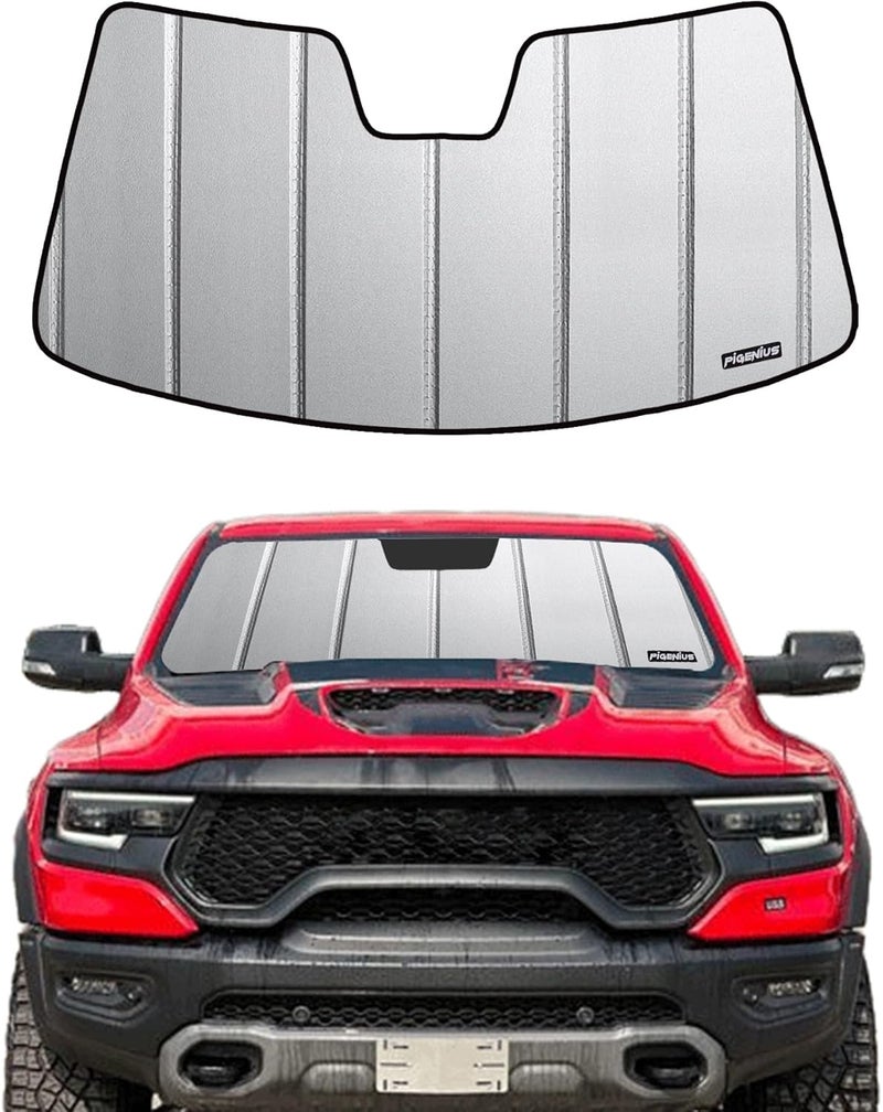 Pigenius Front Windshield Sun Shade for 2019-2023 Dodge Ram 1500 - Ultimate Folding Sunshade - Grey - Image 1