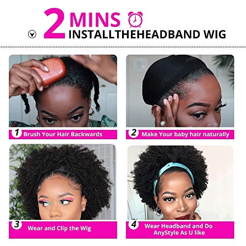 Ms Taj Headband Wig Human Hair Short Afro Kinky Curly Headband Wigs for Black Women Human Hair Glueless Afro Wigs for Women 150% Density Brizilian Virgin Hair Natural Black (10 inch) - Image 3