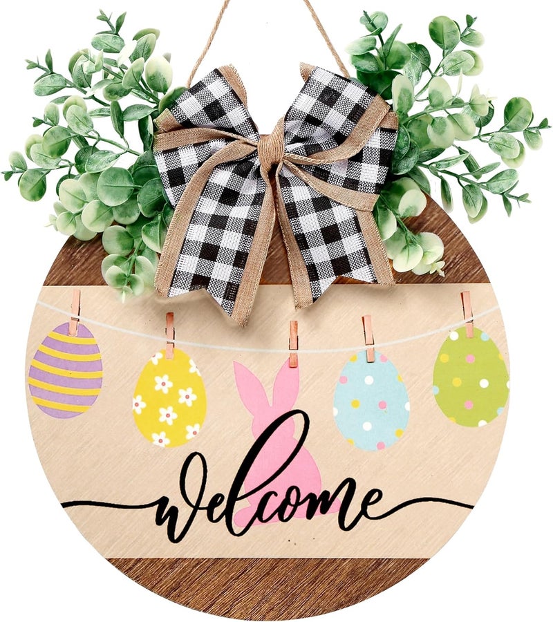 Sggvecsy Easter Wooden Hanging Door Sign  Bunny Rabbit Welcome Sign with Easter Eggs Rustic Wood Wreath Sign Plaque for Spring Wall Decor - Image 1