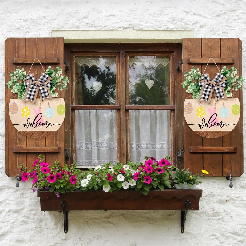 Sggvecsy Easter Wooden Hanging Door Sign  Bunny Rabbit Welcome Sign with Easter Eggs Rustic Wood Wreath Sign Plaque for Spring Wall Decor - Image 4