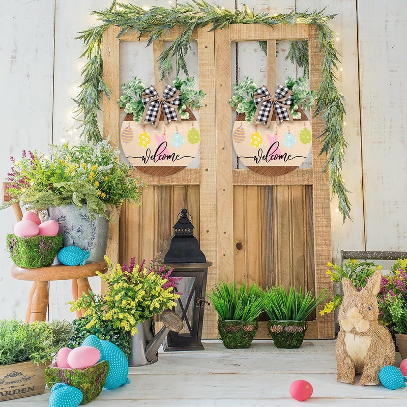 Sggvecsy Easter Wooden Hanging Door Sign  Bunny Rabbit Welcome Sign with Easter Eggs Rustic Wood Wreath Sign Plaque for Spring Wall Decor - Image 5
