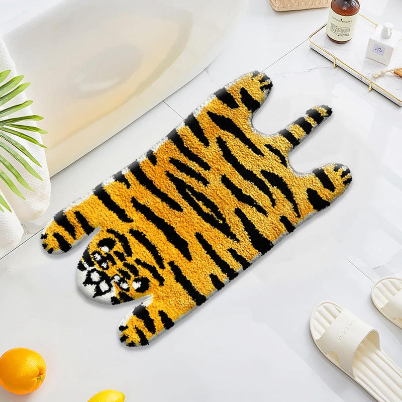 UKELER Kids Bathroom Rugs, Cute Tiger Shaped Nursery Rug Cartoon Bath Rug Non Slip Funny Accent Bedroom Rugs Absorbent Shag Bath Mats for Bathroom, Kids Room, Bathtub, Sink, Entry Way 35''Ã—20'' - Image 1