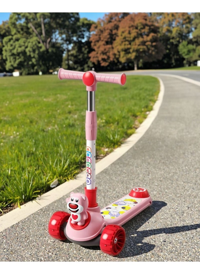 Scooter  Pink Cartoon Bear Kids Scooter with ABC Handle – Adjustable 3-Wheel Ride for Toddlers - Image 3