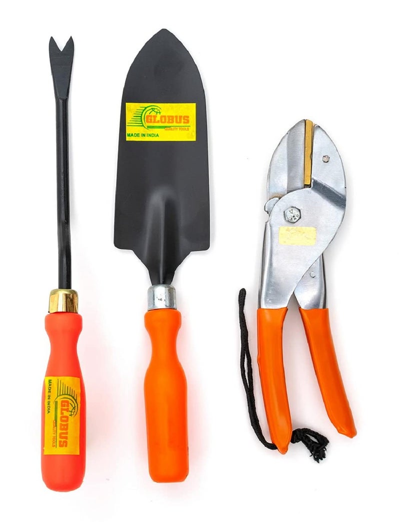 GLOBUS 1424 Garden Tool Set/3 PCS (8" ROLL Cut Pruner Chrome Plated Bend Model, Transplanter, Weeder Orange Colour Plastic Handle) - Image 1