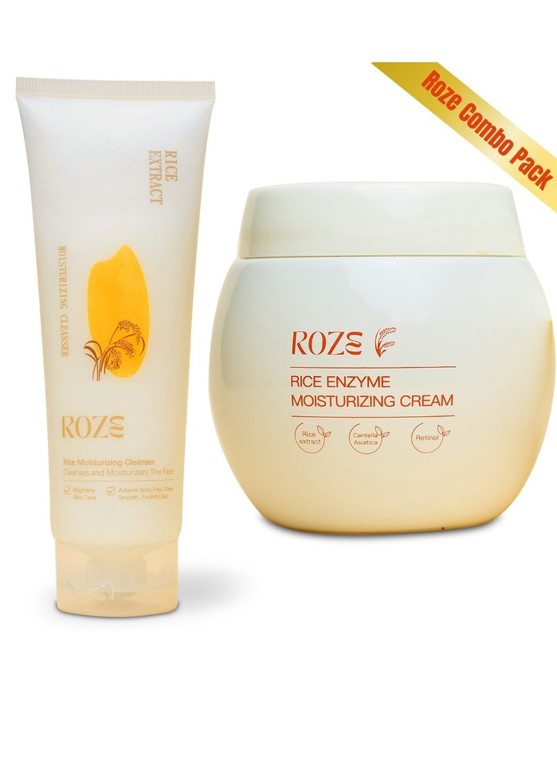 ROZE Roze Skin Care Combo Pack | Rice Facial Cleanser 120ml | Rice Enzyme Moisturizing Cream 50g | No Dark Spots | No pigmentation | Radiant Glow  - Image 1