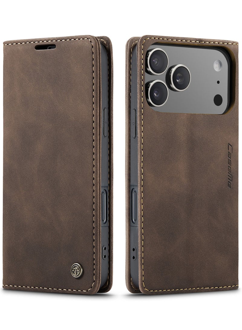 CaseMe Phone Case Luxury PU Leather Design 013 Flip Cover Card Slot Holder Cover For IPhone 17 Pro Max (Coffe) - Image 1