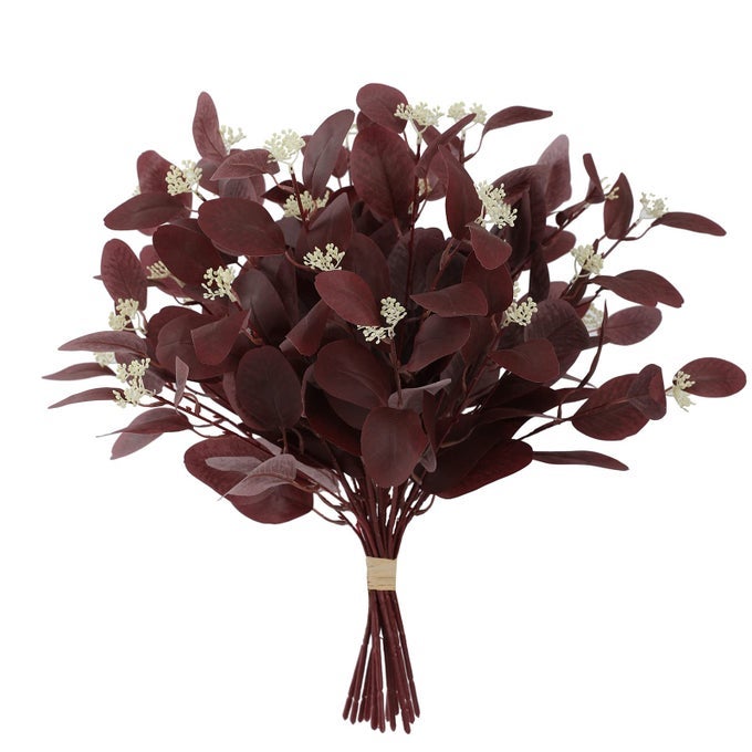 20 SILK ARTIFICIAL EUCALYPTUS STEMS 12PCS FAKE EUCALYPTUS STEM WITH LEAVES BERRIES GREENERY PLANTS FLORAL DECORATIONS FOR WEDDING PARTY FLOWERS ARRANGEMENT HOME DECOR BURGUNDY